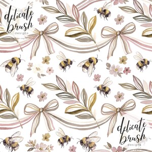 Watercolour Painted Bumble Bees Bows Floral Coquette Flowers Fall Boho Cute Cottagecore Seamless Pattern / Surface Pattern / Digital Pattern