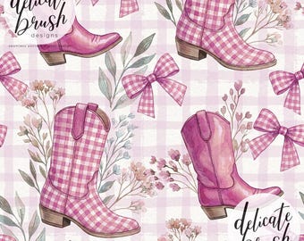 Watercolour Painted Pink Gingham Western Country Cowboy Boots  Bow Coquette Foliage Seamless Pattern / Surface Pattern / Digital Pattern