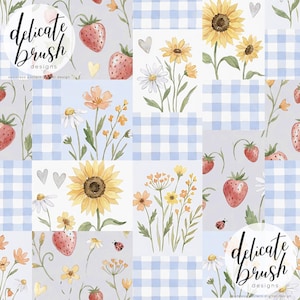May include: A seamless pattern design featuring watercolor illustrations of strawberries, sunflowers, daisies, and other wildflowers. The design incorporates light blue gingham squares and small heart accents. The text "delicate brush designs" is also included.