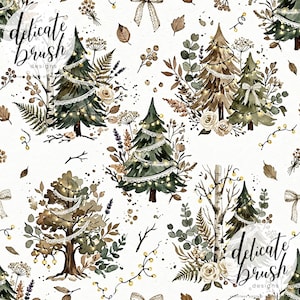 May include: Watercolor seamless pattern featuring Christmas trees, foliage, and decorative elements. The design includes trees adorned with lights and lace, along with floral accents and bows, all set against a white background. The text "delicate brush designs" is visible.