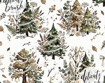 Watercolour Painted Rustic Woodland Trees Boho Fall Autumn Fairy Lights Bow Coquette Seamless Pattern / Surface Pattern / Digital Pattern