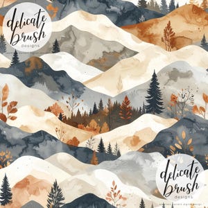 Può includere: Motivo senza cuciture ad acquerello con dolci colline nei toni del grigio, marrone e crema. Il design include alberi e fogliame, con il testo "delicate brush designs" in un logo circolare.