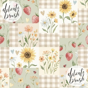 May include: A seamless digital design with watercolour illustrations of sunflowers, daisies, strawberries, and other wildflowers. The design includes gingham squares and small heart and ladybug accents. The text "delicate brush designs" is also present.