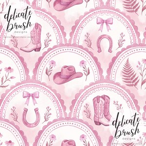 May include: A seamless pattern design featuring pink cowboy boots, hats, bows, horseshoes, and floral elements. The design is set against a soft pink watercolor background, with the text "delicate brush designs".