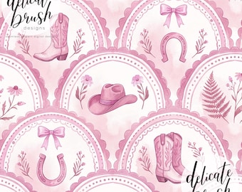 Watercolour Painted Spring Scalloped Scallop Western Wild West Cowboy Horse Floral Blue Coquette Flowers Seamless Pattern / Digital Pattern