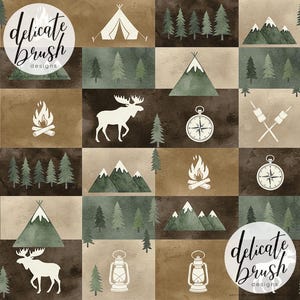 May include: A repeating pattern with camping motifs. The design includes white silhouettes of a tent, trees, mountains, a moose, a compass, a campfire, marshmallows, and lanterns. The background is a patchwork of brown, green, and tan squares. The text "delicate brush designs" is in a circle.