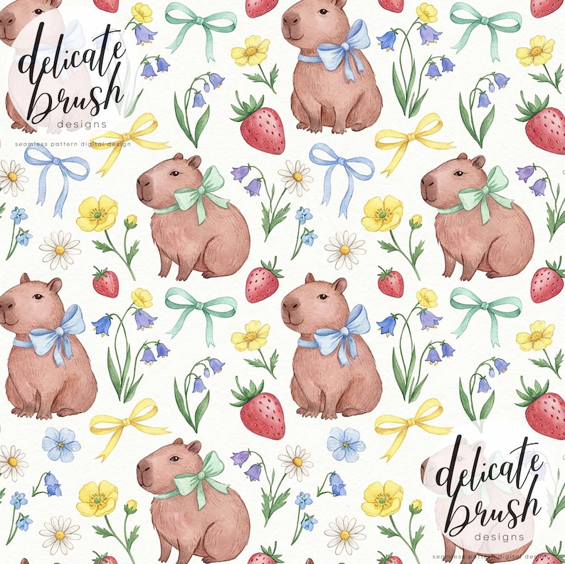 Watercolour Painted Spring Cute Capybara Animals Cute Foliage Seamless ...