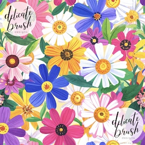 May include: A vibrant floral pattern featuring a variety of colorful flowers, including daisies, in shades of pink, yellow, blue, and purple. The design includes green leaves and the text "delicate brush designs".