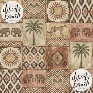 May include: A repeating pattern featuring squares with various designs. The squares include images of elephants, palm trees, suns, and cheetahs. The color palette consists of earthy tones like brown, beige, and green, creating a vintage aesthetic. The text "Delicate Brush Designs" is in a circular logo.
