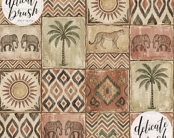 Watercolour Painted Ikat Safari Patchwork Leopard Elephant African Geometric Palm Sun Seamless Pattern / Surface Pattern / Digital Pattern