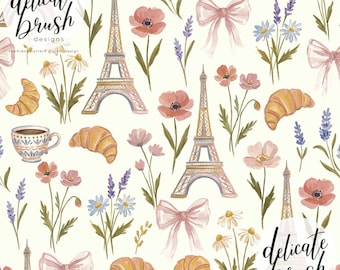 Padrão sem costura / Padrão de superfície / Padrão digital com estampa da Torre Eiffel pintada em aquarela, França, com folhagens, flores e laços.