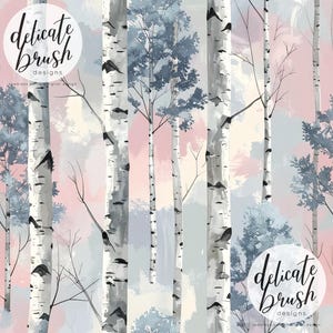 Op de afbeelding: Waterverfillustratie van berken met witte schors en zwarte markeringen tegen een zachte pastelachtergrond van roze, blauw en grijs. De afbeelding heeft een dromerige, artistieke kwaliteit, met de tekst "delicate brush designs" in een cirkelvormig logo.