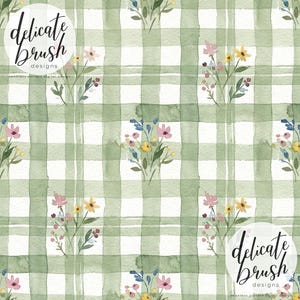 May include: Watercolor pattern featuring a green and white gingham check background with scattered floral bouquets. The bouquets include pink, yellow, and blue flowers. The text "delicate brush designs" is in a circular logo.