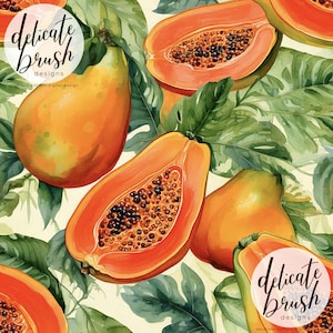 May include: Watercolor illustration of papayas and green leaves. Some papayas are whole, while others are cut open, revealing black seeds. The image has the text "delicate brush designs" in a circular design.