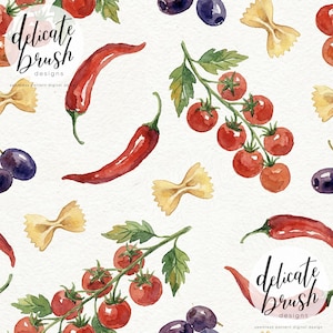 Op de afbeelding: Waterverfpatroon met rode chilipepers, kerstomaatjes, olijven en farfalle pasta op een witte achtergrond. Het ontwerp bevat de tekst "delicate brush designs" en "seamless pattern digital design".