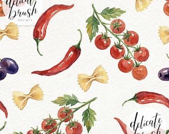 Padrão sem costura / Padrão de superfície / Padrão digital pintado em aquarela com tema de mercado de agricultores italiano, pimenta, massa, tomate e azeitonas, Itália, massa, tomate e azeitonas, dolce vita.