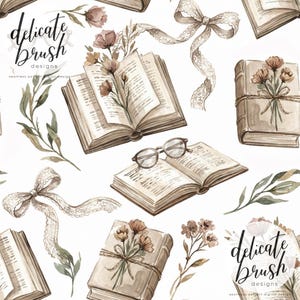 Op de afbeelding: Waterverfillustratie met open boeken, bloemen, brillen en linten. De boeken zijn in verschillende posities, sommige open met tekst, andere gesloten en vastgebonden met touw. De tekst "delicate brush designs" is ook aanwezig.