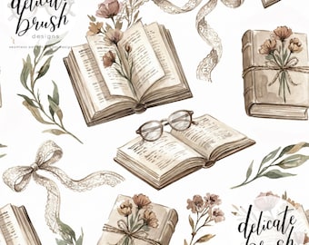 Livros pintados em aquarela, leitura, alfabetização, biblioteca, laço, coquete, boho, floral, flores, padrão sem costura / padrão de superfície / padrão digital