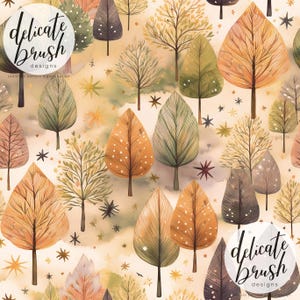 Könnte beinhalten: Aquarell-Illustration eines nahtlosen Musters mit stilisierten Bäumen mit großen, blattförmigen Blättern in Orange-, Grün- und Brauntönen. Das Design enthält Sterne und den Text "delicate brush designs". Das Gesamtthema ist herbstlich und von der Natur inspiriert.
