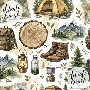 May include: A watercolour illustration featuring camping equipment such as a tent, boots, backpack, lantern, water bottle, and a tree trunk slice. The design includes a map, trees, and mountains in a seamless pattern. The text "delicate brush designs" is visible.