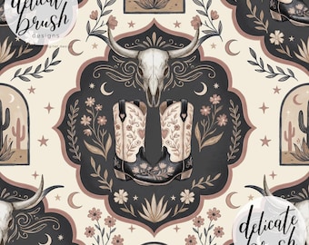 Aquarell gemalt Western Wilder Westen Cowboy Folk Blumen Kokette Land Blumen Musterdesign / Oberflächenmuster / Digitales Muster
