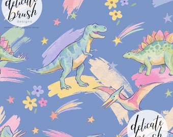 Aquarell Gemalt Retro Vintage Brushmarks Dinosaurier Dinos Blumen Pastell Space Regenbogen Nahtloses Muster / Stoffdesign / Digitales Muster