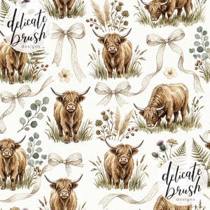 Watercolour Painted Spring Highland Cow Coquette Boho Floral Flowers Seamless Pattern / Surface Pattern / Digital Pattern