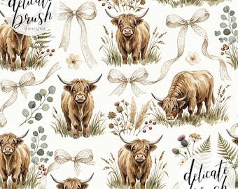 Watercolour Painted Spring Highland Cow Coquette Boho Floral Flowers Seamless Pattern / Surface Pattern / Digital Pattern