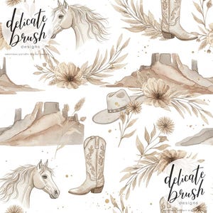 May include: A watercolour seamless pattern with a horse head, cowboy boots, a cowboy hat, and desert landscape elements in beige and brown tones. The text "delicate brush designs" is also visible.