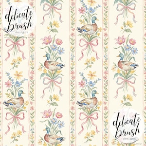 Könnte beinhalten: Nahtloses digitales Design mit einem sich wiederholenden Muster aus Enten, Blumen und Schleifen. Die Enten haben blaue und grüne Köpfe und braune Körper, umgeben von rosa, gelben und blauen Blumen. Das Design enthält den Text "delicate brush designs".