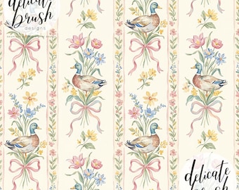 Watercolour Painted Duck Bird Vintage Floral Coquette Cottagecore Bows Heirloom Seamless Pattern / Surface Pattern / Digital Pattern