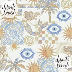 May include: Watercolor pattern featuring mermaids, suns, palm trees, and evil eye symbols in shades of blue, orange, and beige. The design includes the text "delicate brush designs" and "seamless pattern digital design".
