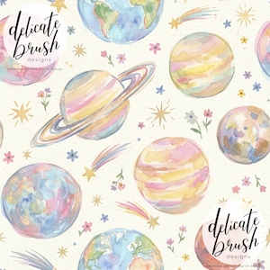 May include: A watercolour pattern of planets, stars, and comets in pastel shades. The design includes planets with rings, globes, and celestial elements. The image includes the text 'Delicate Brush Designs'.