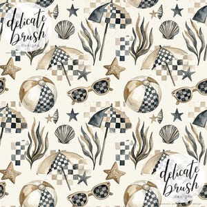 May include: A watercolour seamless pattern with beach-themed illustrations. The design includes beach umbrellas, sunglasses, beach balls, starfish, and seashells. The pattern uses a neutral colour palette with a checkered design, evoking a summer vibe.