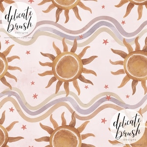 Op de afbeelding: Een naadloos patroonontwerp met aquarel zonnen, sterren en golvende lijnen in tinten bruin, beige en roze. De tekst "delicate brush designs" is inbegrepen.