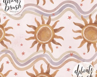 Padrão sem costura para tecido/estampa digital com ondas celestiais geométricas em aquarela, raios de sol e estrelas em estilo boho místico.
