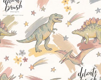 Padrão sem costura retrô vintage em aquarela com pinceladas de dinossauros, flores, espaço e arco-íris em tons suaves / Design para tecido / Padrão digital