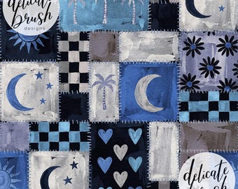 Aquarell gemalt himmlischen Patchwork Mond Sterne Boho Sommer Hippie Psychedelische nahtlose Muster / Stoffdesign / digitale Muster