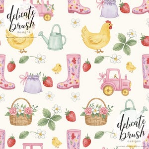May include: A repeating pattern of watercolor illustrations featuring a pink tractor, watering can, baskets of flowers, strawberries, chickens, and pink rain boots. The design includes the text "delicate brush designs".