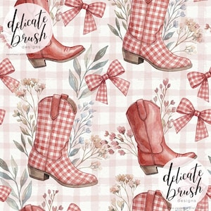 May include: Seamless pattern featuring red cowboy boots, bows, and floral elements on a pink and white checkered background. The boots have a gingham pattern. The text "delicate brush designs" is visible.