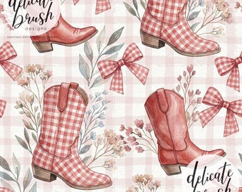 Watercolour Painted Red Gingham Western Country Cowboy Boots  Bow Coquette Foliage Seamless Pattern / Surface Pattern / Digital Pattern