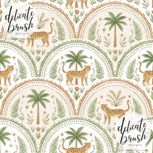 May include: A repeating digital pattern with leopards, palm trees, and ferns. The design is set against a cream background with semi-circular frames in green and brown. The text "delicate brush designs" is visible. The pattern is suitable for fabric.