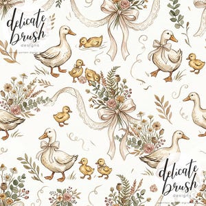 Peut inclure: Motif sans couture avec des canards, des canetons, des bouquets floraux et des rubans aux couleurs pastel douces. Les canards sont blancs avec des becs et des pattes orange, et les canetons sont jaunes. Les bouquets comprennent des roses et d'autres fleurs. Le texte "Delicate Brush Designs" est visible.