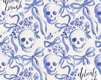 Watercolour Painted Halloween Skulls Ditsy Floral Boho Flowers Coquette Bow Regency Blue Seamless Pattern Surface Pattern / Digital Pattern