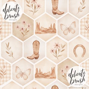 May include: A seamless digital pattern featuring watercolor illustrations of cowboy boots, butterflies, flowers, desert landscapes, and horseshoes. The design is set against a hexagonal backdrop with a soft, neutral color palette, and includes the text "delicate brush designs".