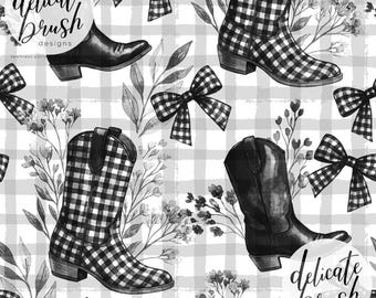 Watercolour Painted Monochrome Black and White Gingham Western Country Cowboy Boots Bow Seamless Pattern / Surface Pattern / Digital Pattern