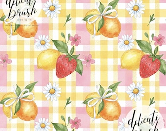 Strawberries Strawberry Lemon Vintage Painted Gingham Watercolour Floral Coquette Cute Seamless Pattern / Surface Pattern / Digital Pattern