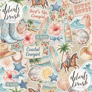 May include: A watercolour collage with a coastal cowgirl theme. It features cowboy boots, surfboards, hibiscus flowers, seashells, and a woman riding a horse. The text includes "Surf's Up, Cowgirl" and "Coastal Cowgirl".
