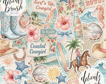 Watercolour Painted Coastal Cowgirl Western Coquette Country Cowboy Beach Summer Seamless Pattern / Surface Pattern / Digital Pattern