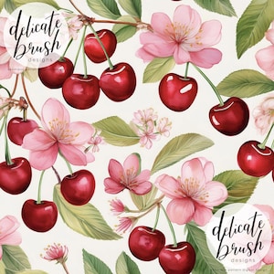 Könnte beinhalten: Nahtloses Muster mit Aquarellkirschen und rosa Blüten auf cremefarbenem Hintergrund. Das Design zeigt reife, rote Kirschen mit grünen Stielen, zarte rosa Blüten und grüne Blätter. Der Text "delicate brush designs" ist sichtbar.